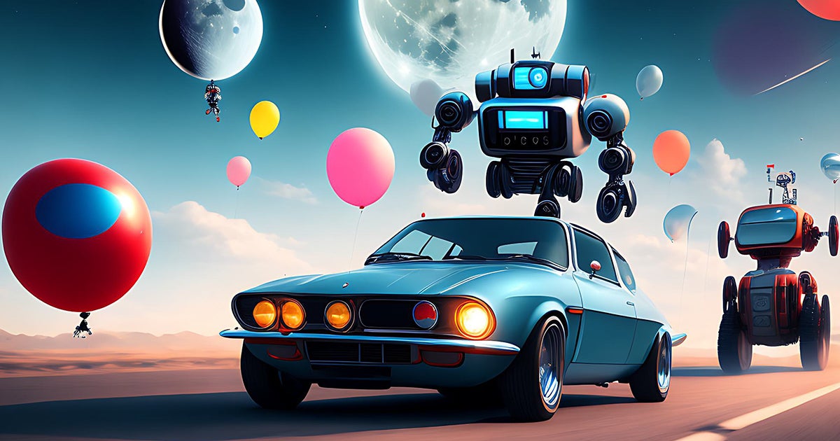 AI image of car with robots and moon in background