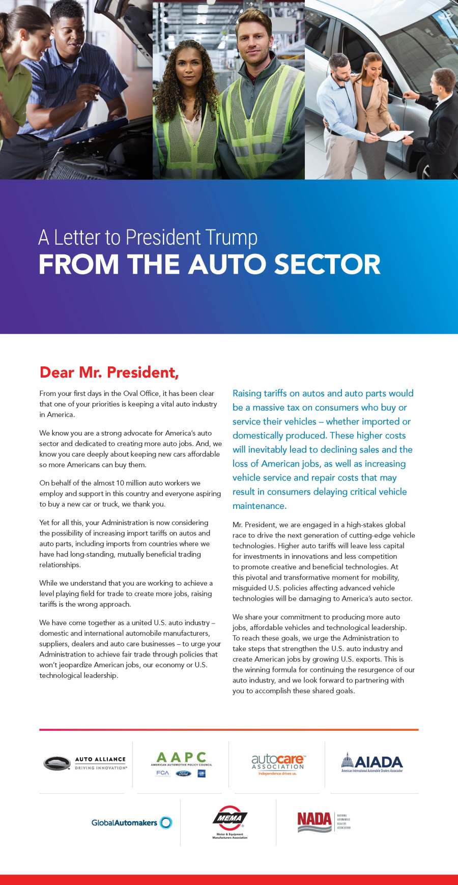 Letter to President Trump from Auto Sector