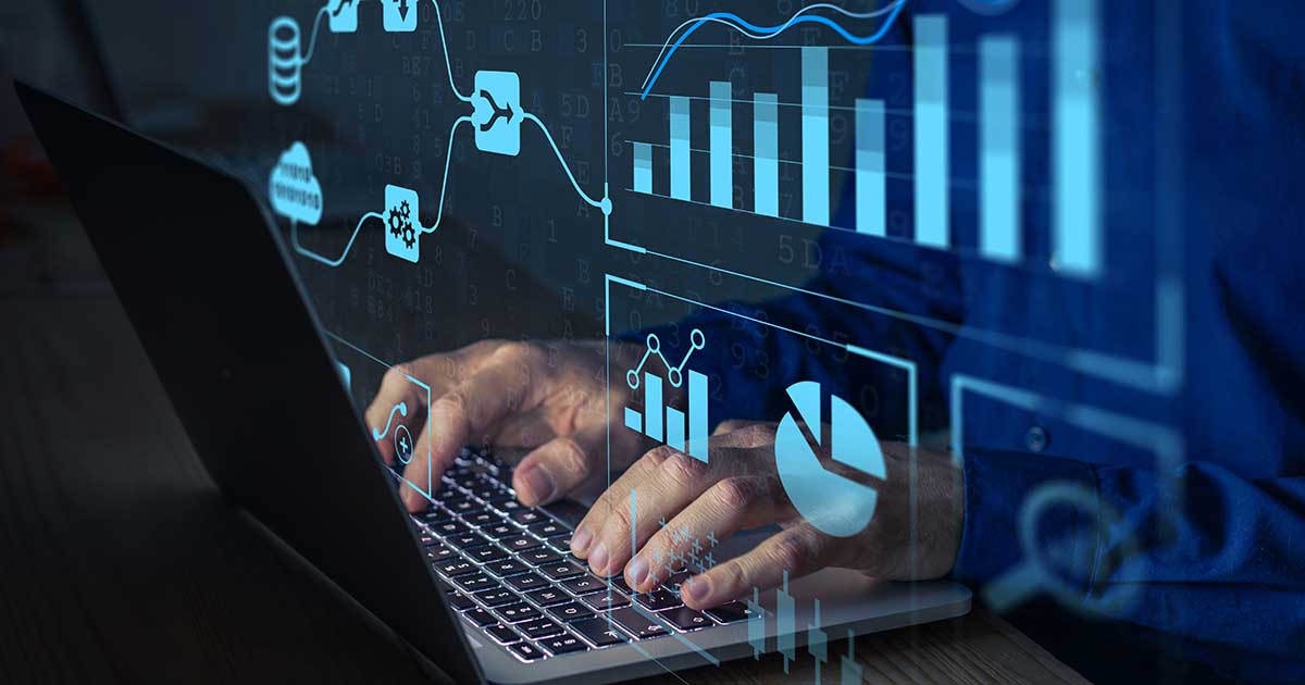 A man's hands type on laptop computer with data graphic overlay, dealer ...