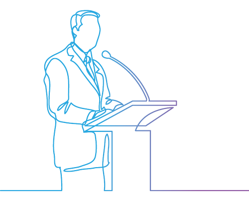 Line art of man speaking at podium