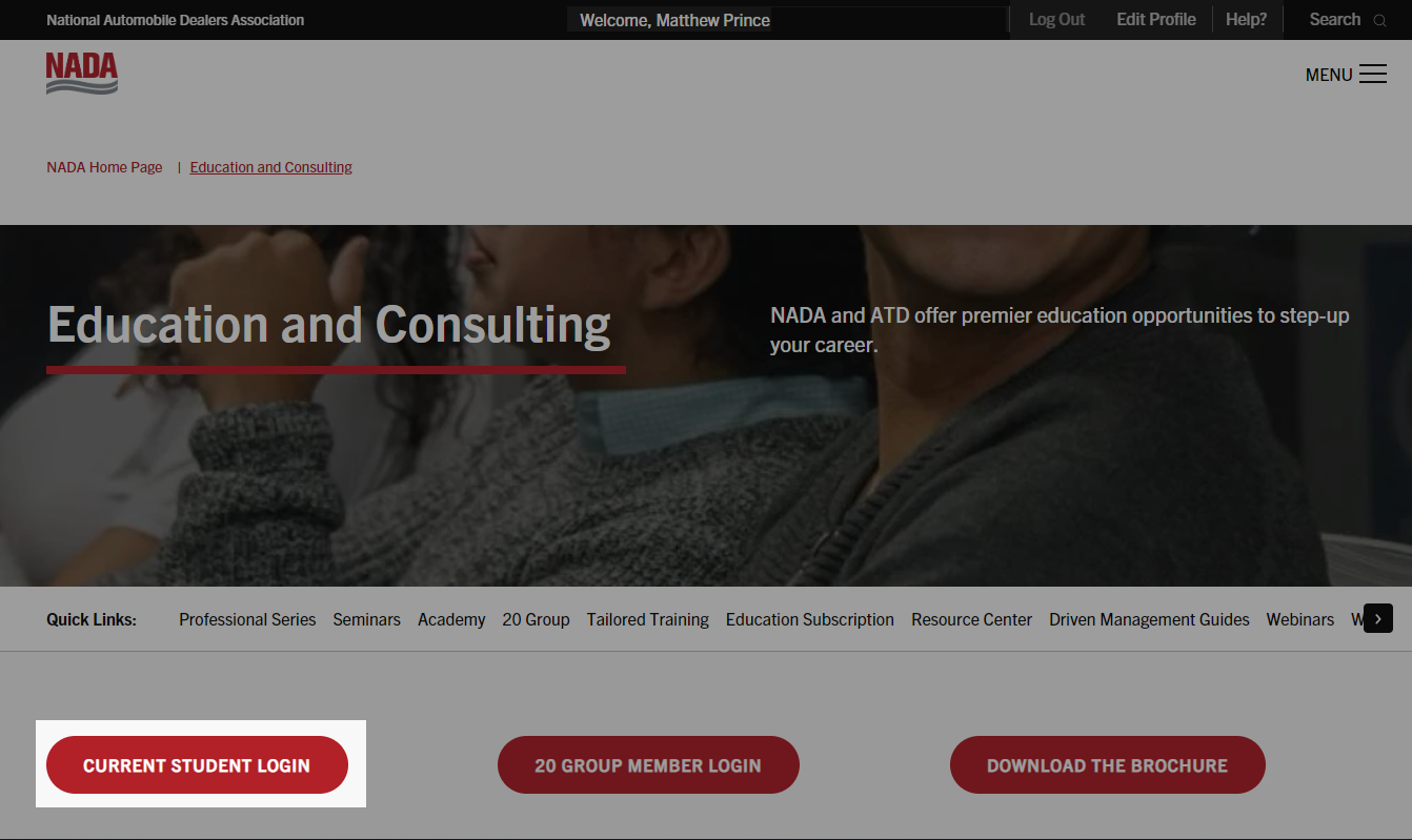 Current Student Login button highlighted on Professional Series landing page
